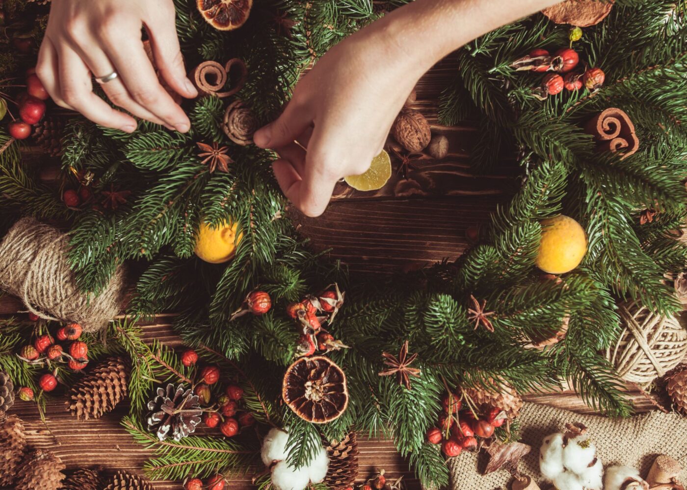 woman making a christmas wreath at russborugh