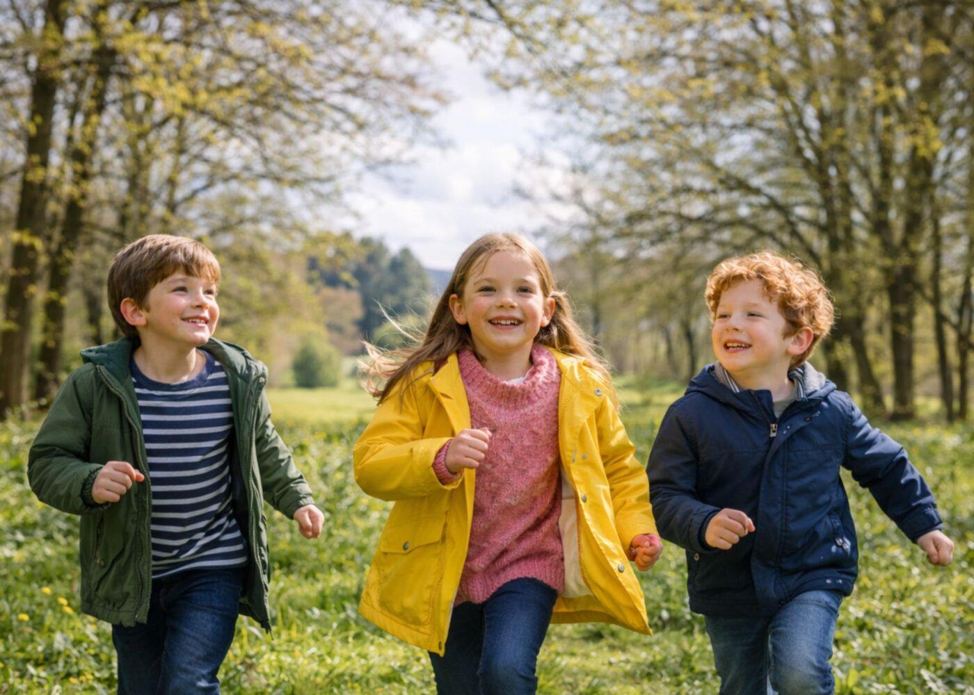 kids running in a forest