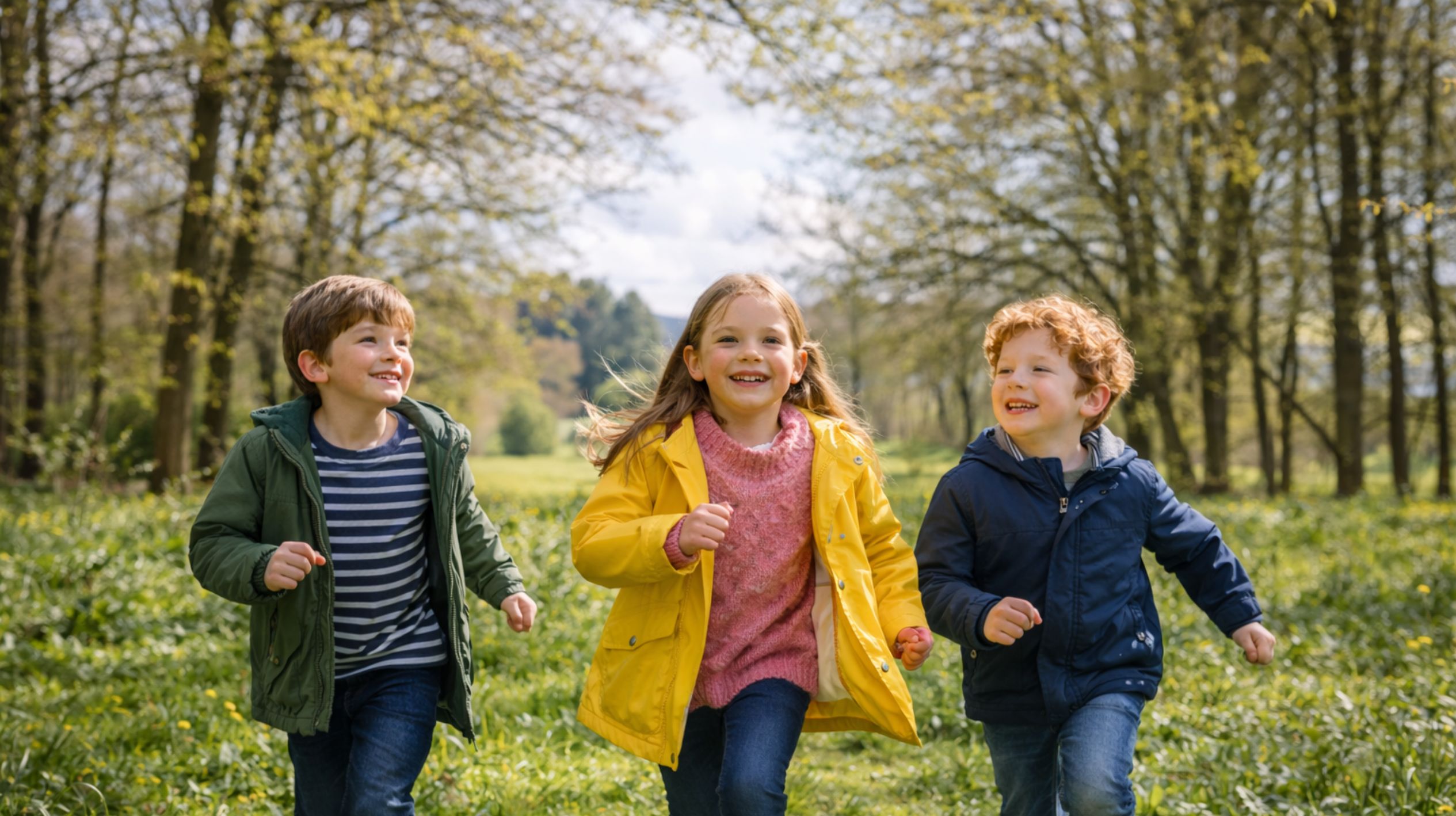 kids running in a forest